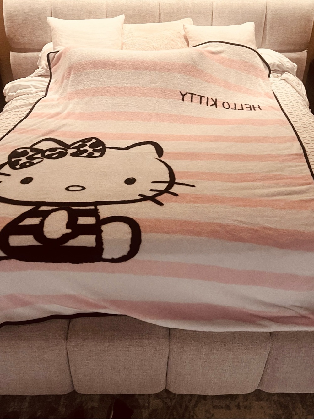 Hello Kitty Pink & White Striped Plush Throw Blanket